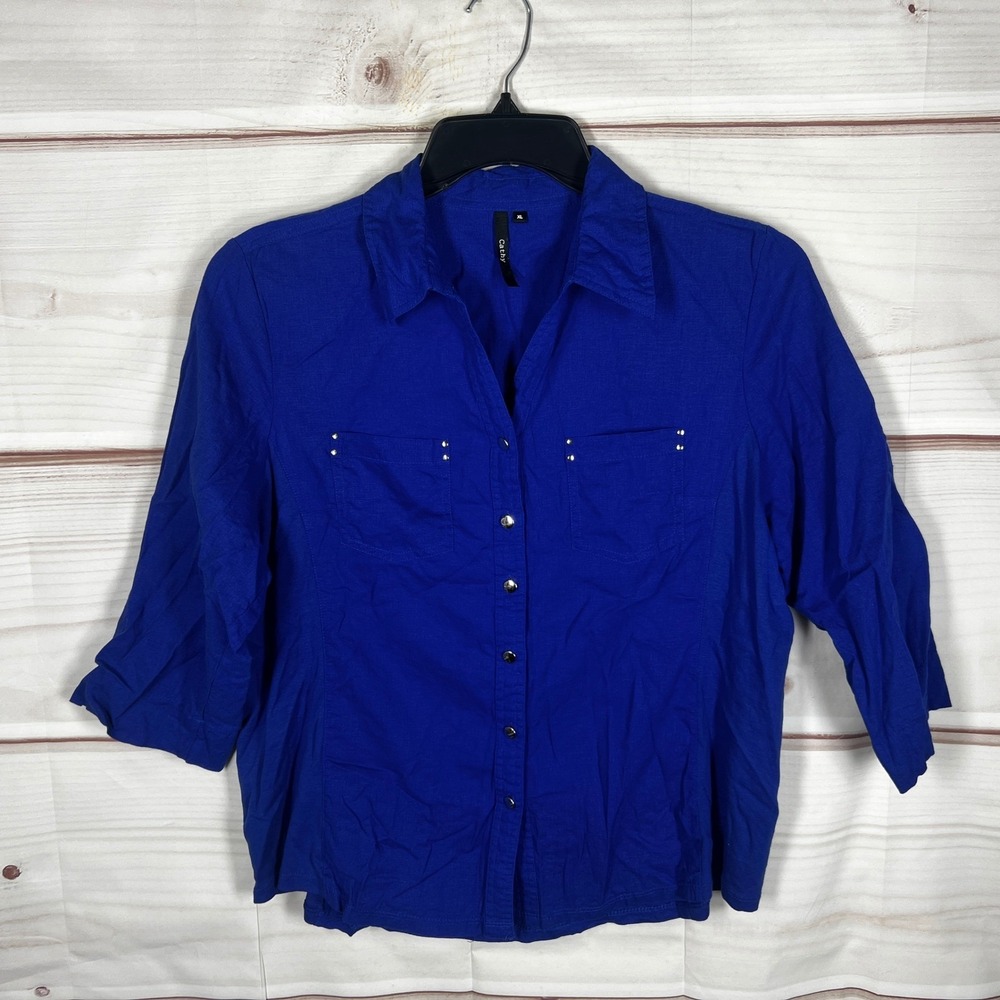 Cathy Button Down Shirt Womens XL Blue Solid Linen Blend 3/4 Sleeve Knit Panel